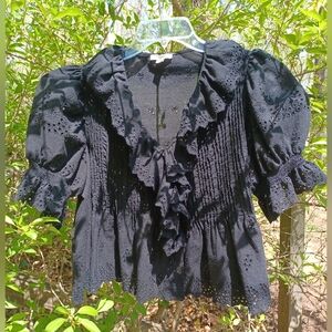Ultra Pink Black Eyelet Ruffle Blouse